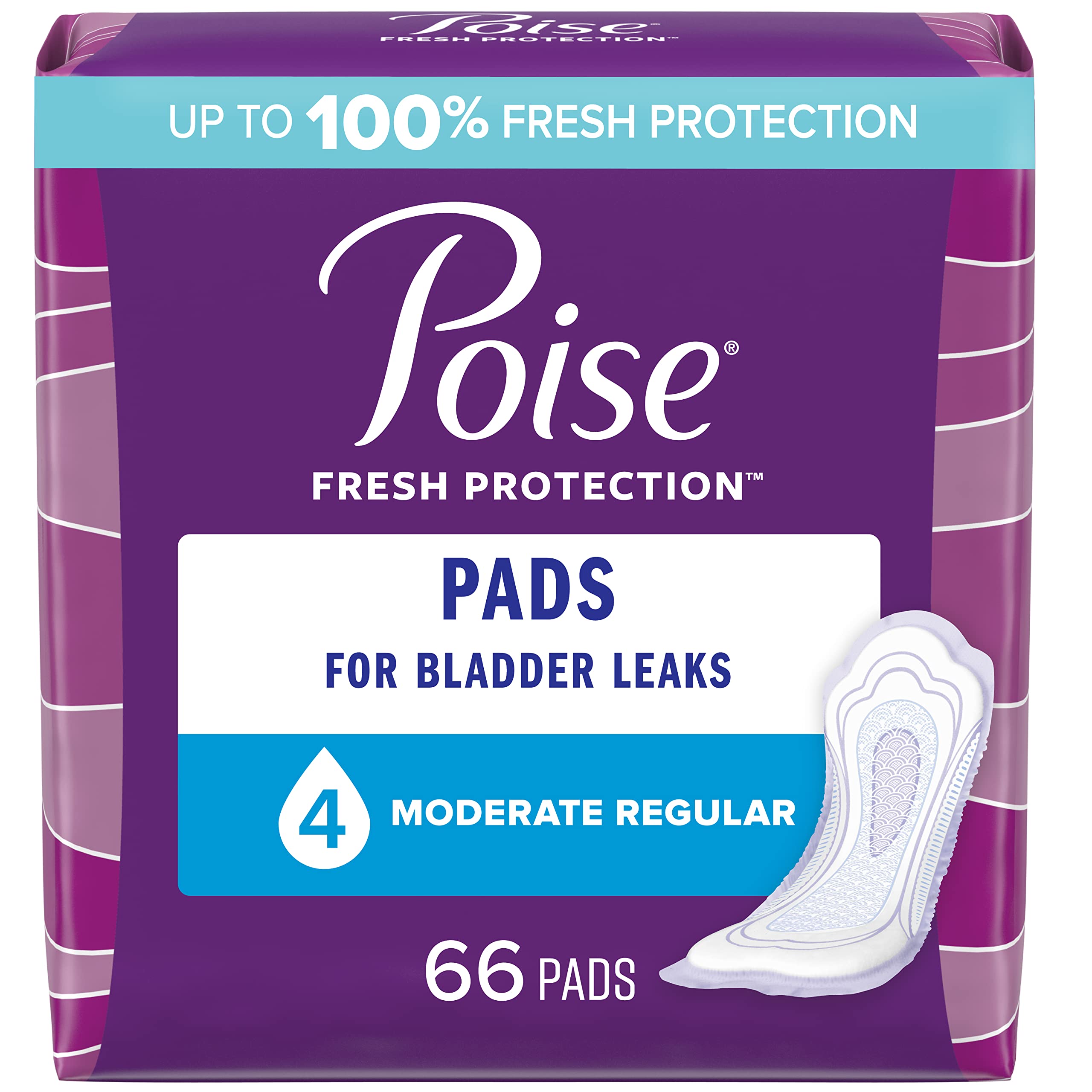Poise Moderate Absorbency Pads, Regular Length, 66 Ea